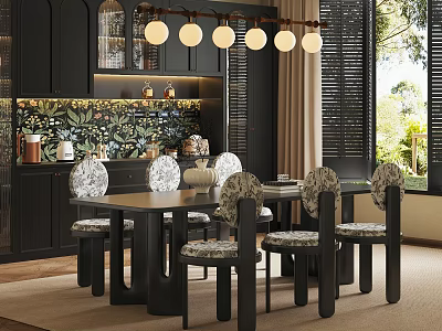 Modern Restaurant Interior With Dark Cabinets Mural Pendant Lights Dining Table And Upholstered Chairs 3d model