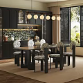 Modern Restaurant Interior With Dark Cabinets Mural Pendant Lights Dining Table And Upholstered Chairs