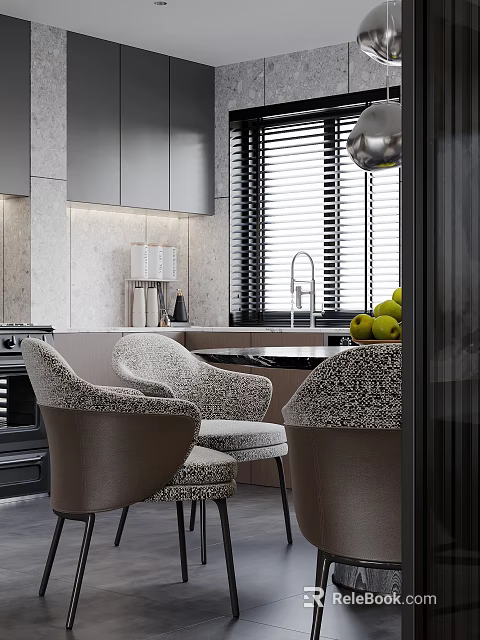 Modern Kitchen Interior with Gray Cabinets Marble Walls Blinds Faucet Green Apples and Patterned Chairs 3d model 