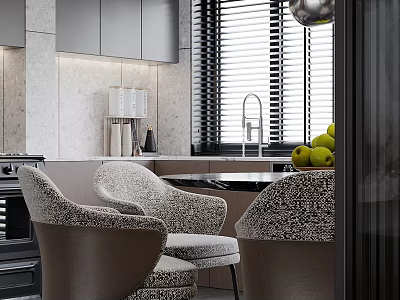 Modern Kitchen Interior with Gray Cabinets Marble Walls Blinds Faucet Green Apples and Patterned Chairs 3d model