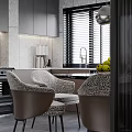 Modern Kitchen Interior with Gray Cabinets Marble Walls Blinds Faucet Green Apples and Patterned Chairs