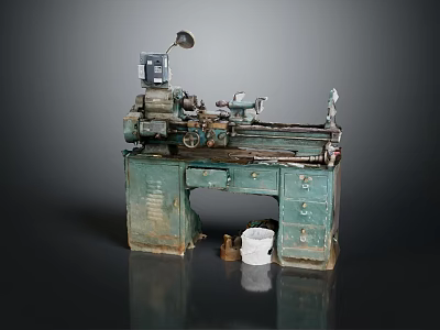 Rustic Vintage Lathe Machine With Workbench Drawers Control Panel And Lamp 3d model