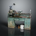 Rustic Vintage Lathe Machine With Workbench Drawers Control Panel And Lamp 3d model