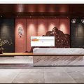 Hotel Lobby Interior Featuring Wooden Ceiling Red Accent Wall Carved Details And Marble Reception Desk