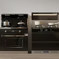 Modern Black Kitchen Cooking Appliances With Stove Oven Pots And LED Light