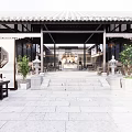 Traditional Chinese Tea House Courtyard With Wooden Structure Tile Roof And Green Plants