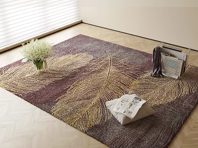 Square Rug On Wooden Floor Featuring Purple And Gold Feather Pattern White Flowers And Magazines 3d model