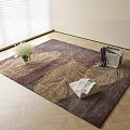 Square Rug On Wooden Floor Featuring Purple And Gold Feather Pattern White Flowers And Magazines