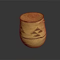 Yellow Handcrafted Woven Basket With Spiral Top And Patterned Sides For Household Use