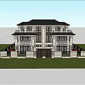 Elegant Traditional Townhouse Exterior With Stone Facade Dark Roof Courtyard Greenery And Outdoor Lighting