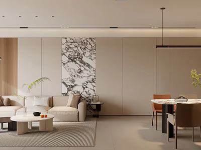 Warm Neutral Modern Open Plan Living And Dining Room Interior With Elegant Marble Accent Decor 3d model