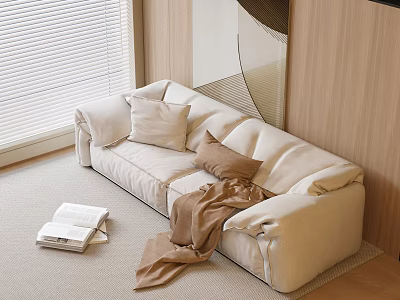 Beige Two Seater Sofa With Pillows And Blanket Near Books In Cozy Interior 3d model