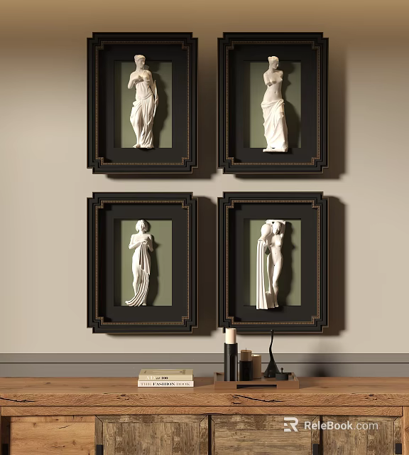 Black Framed Figure Paintings With White Female Statues On Wall 3d model 