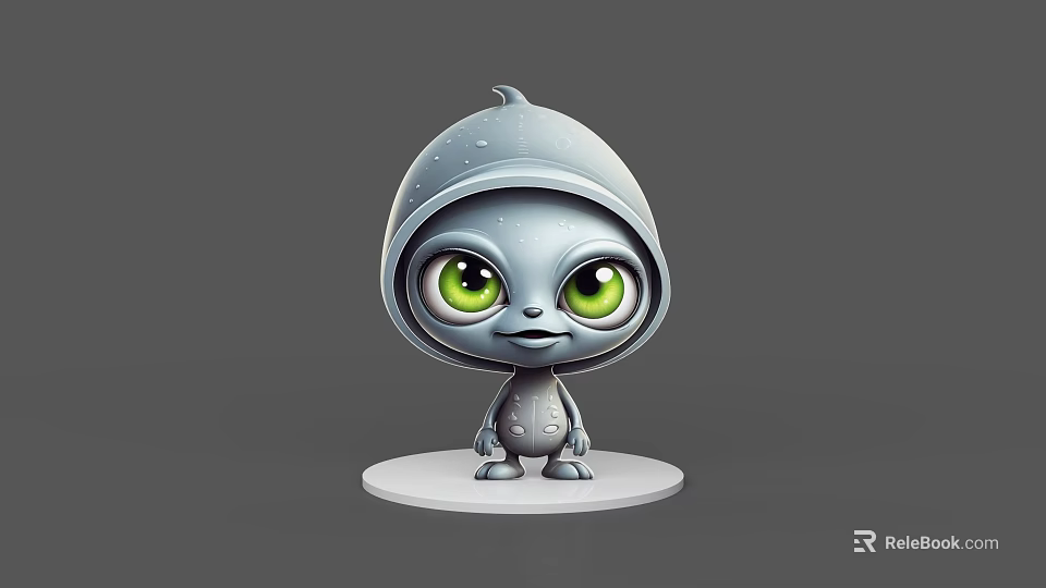 Cute Game Movie Character With Big Green Eyes And Gray Hoodie Standing Figure 3d model 
