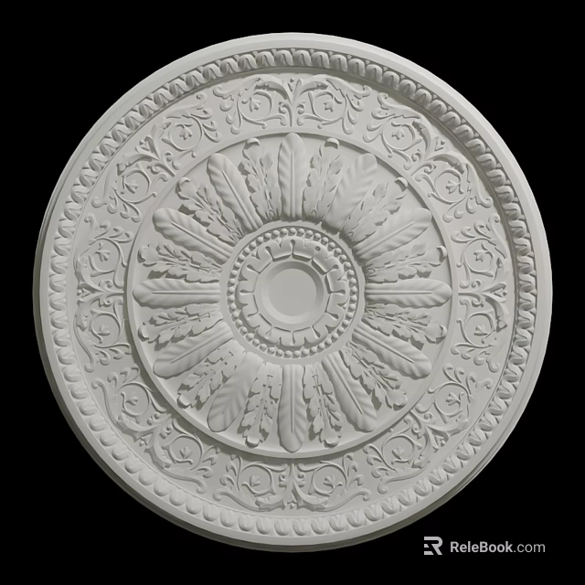 Intricate White Plaster Ceiling Rose With Leaf Patterns And Circular Design 3d model