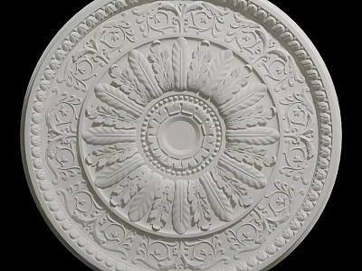 Intricate White Plaster Ceiling Rose With Leaf Patterns And Circular Design 3d model