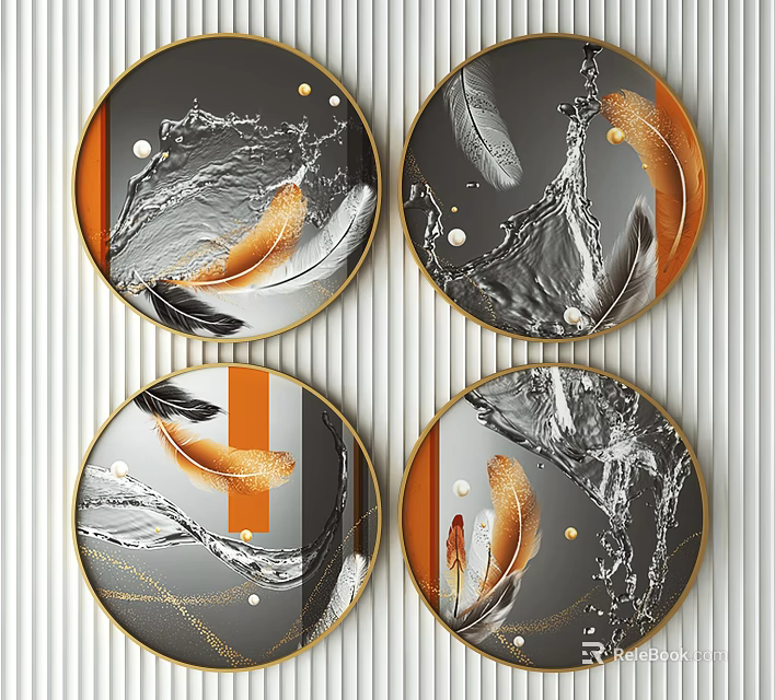 Modern Round Frame Paintings with Gray Orange Feathers Water Ripples and Gold Accents 3d model 