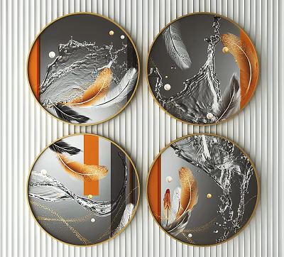 Modern Round Frame Paintings with Gray Orange Feathers Water Ripples and Gold Accents 3d model