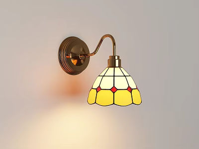 Brass Wall Sconce With Stained Glass Shade Yellow White Red Accents And Warm Light 3d model