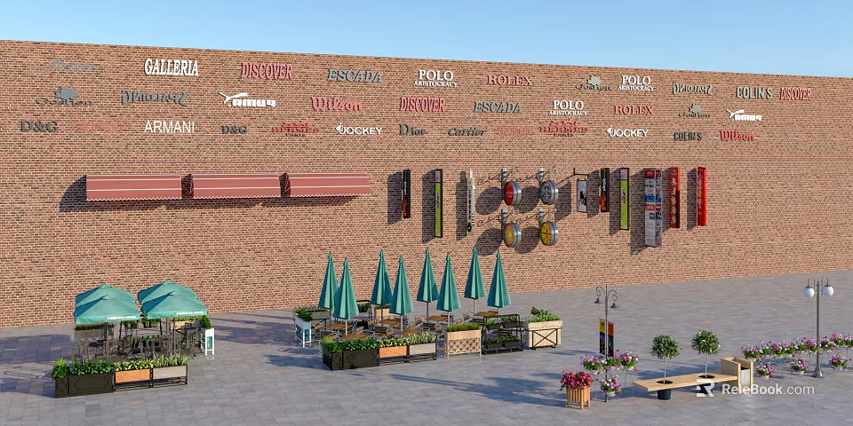Urban Roadside Facilities With Green Umbrellas Benches Flower Planters Street Lamps And Brick Wall 3d model 