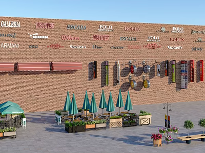 Urban Roadside Facilities With Green Umbrellas Benches Flower Planters Street Lamps And Brick Wall 3d model