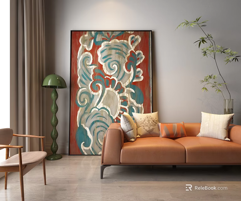 Modern Living Room Interior With Orange Sofa Large Decorative Painting And Green Floor Lamp 3d model 