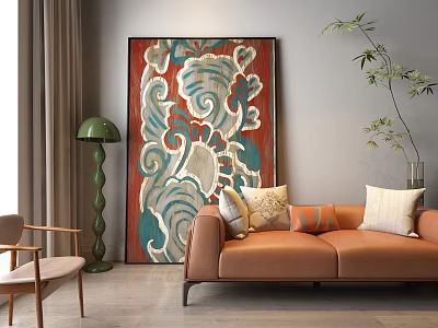 Modern Living Room Interior With Orange Sofa Large Decorative Painting And Green Floor Lamp 3d model
