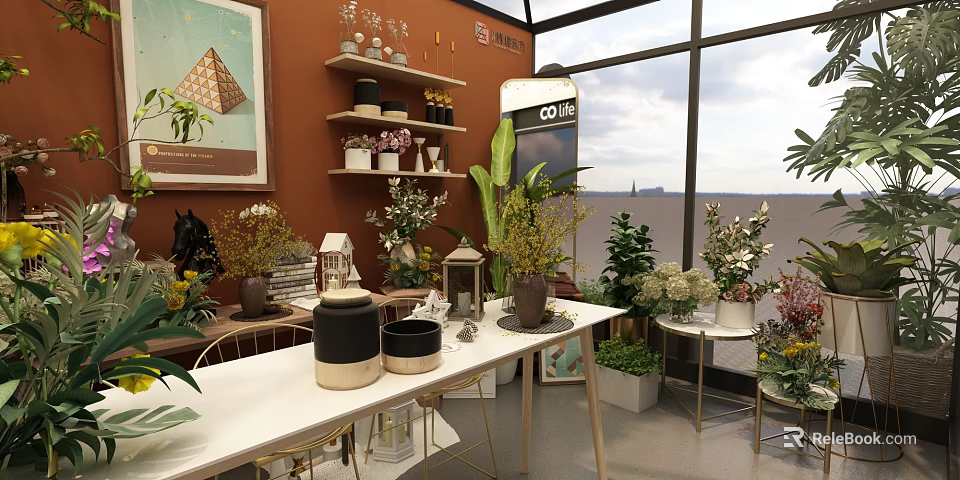 Indoor Plant Decoration Display Area With Brown Wall White Shelves Vases And City View 3d model 
