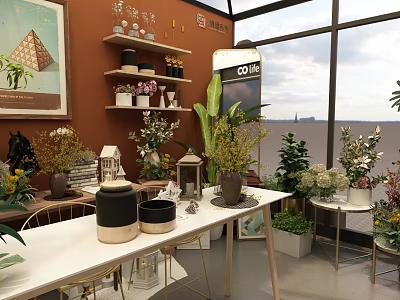 Indoor Plant Decoration Display Area With Brown Wall White Shelves Vases And City View 3d model