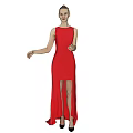 Elegant Woman In Red Long Dress With High Split And High Heels