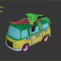 Yellow Van With Surfboard On Roof Palm Tree And Colorful Banners Decoration