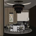 Private Dining Room Interior Design With Round Table Chairs Chandelier Wooden Walls And Table Lamp