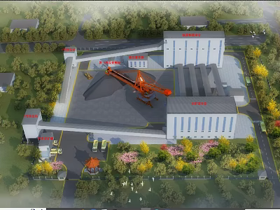 Industrial Factory Complex With Multiple Buildings Orange Crane Greenery And Roads 3d model