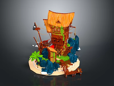 Rustic Treehouse Building With Thatch Roof Wooden Structure Green Plants Rocks And Stairs 3d model