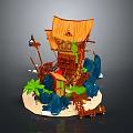 Rustic Treehouse Building With Thatch Roof Wooden Structure Green Plants Rocks And Stairs