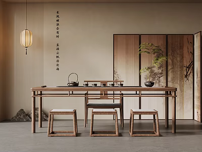 Traditional Oriental Tea Room Interior With Wooden Table Stools Hanging Lantern And Green Plant 3d model