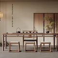 Traditional Oriental Tea Room Interior With Wooden Table Stools Hanging Lantern And Green Plant