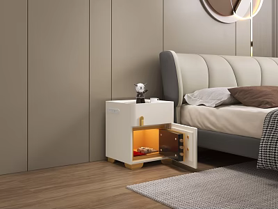 White Bedside Table With Open Drawer And Storage Items Next To Gray Bed 3d model