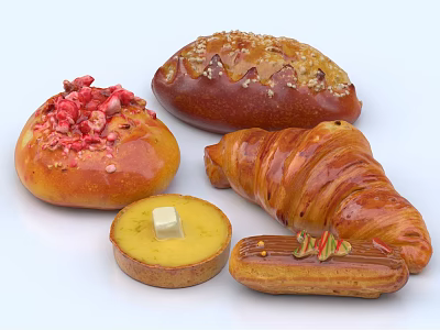 Assorted Baked Goods With Strawberry Topped Bread Sugar Sprinkled Loaf Croissant Butter Tart And Éclair 3d model