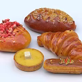 Assorted Baked Goods With Strawberry Topped Bread Sugar Sprinkled Loaf Croissant Butter Tart And Éclair