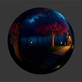 Enchanted Forest Night Scene With Full Moon Glowing Lanterns Stone Path Cottages And Colorful Flowers