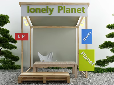 Lonely Planet Storefront With Green Sign LP Red Blue Signs And Wooden Structure Bench Seating 3d model