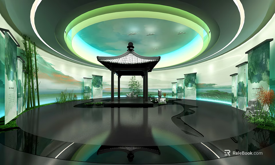 Chinese Pagoda Interior With Circular Ceiling Green Blue Lighting Black Reflective Floor And Landscape Paintings 3d model 