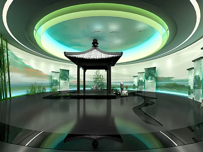 Chinese Pagoda Interior With Circular Ceiling Green Blue Lighting Black Reflective Floor And Landscape Paintings 3d model