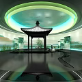 Chinese Pagoda Interior With Circular Ceiling Green Blue Lighting Black Reflective Floor And Landscape Paintings