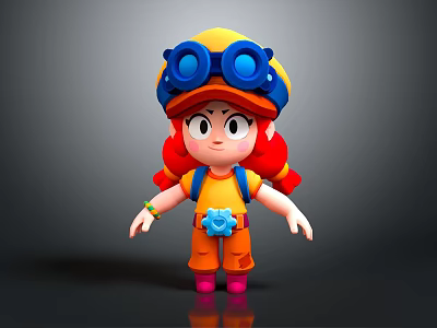 Cartoon Creature Girl With Yellow Hat Blue Goggles Red Pigtails And Gear Decorated Overalls 3d model