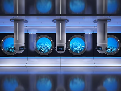 Modern Tech Exhibition Hall With Circular Windows Blue Ocean View Metallic Columns And Smooth Floor 3d model