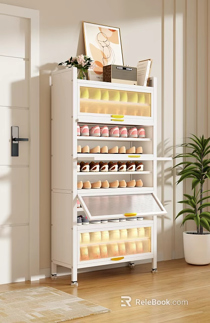 Modern White Shoe Cabinet With Multiple Shelves And LED Lighting For Home Storage 3d model 