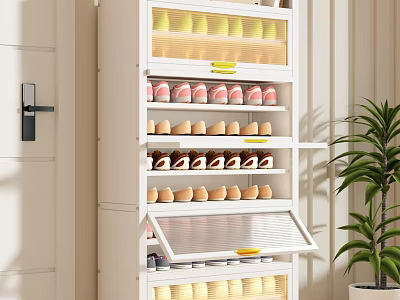 Modern White Shoe Cabinet With Multiple Shelves And LED Lighting For Home Storage 3d model