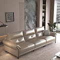 Modern Three Seater Leather Sofa In Interior With Marble Wall Decorative Painting And Green Plant